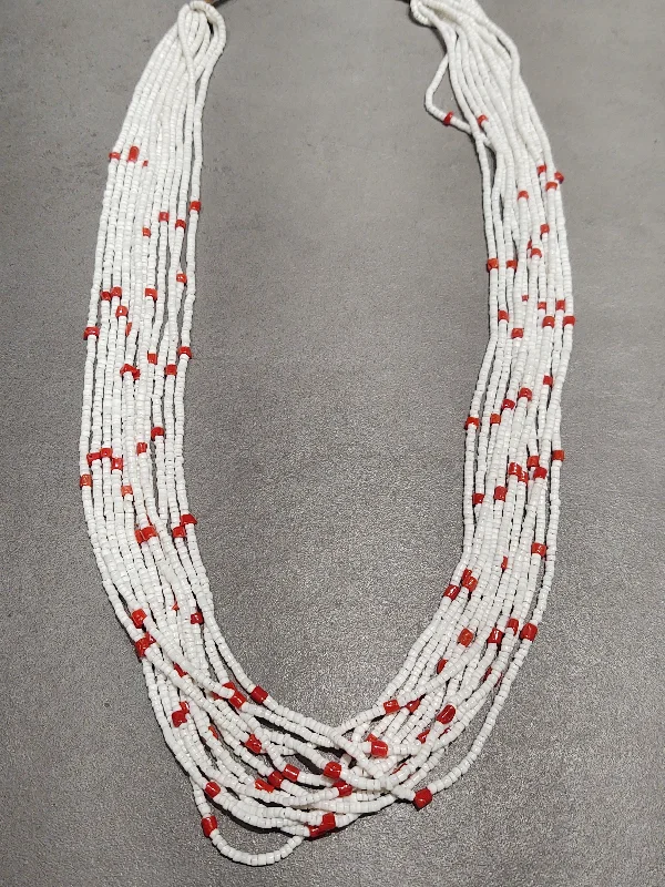 Luxury Silver Necklace-Marilyn Moquino Kewa Coral White Clam 12-Strand Necklace - Handmade Native American