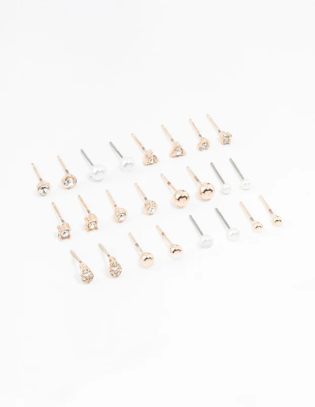 Chunky Drop Earrings-Rose Gold Classic Pearl & Stone Earrings 12-Pack