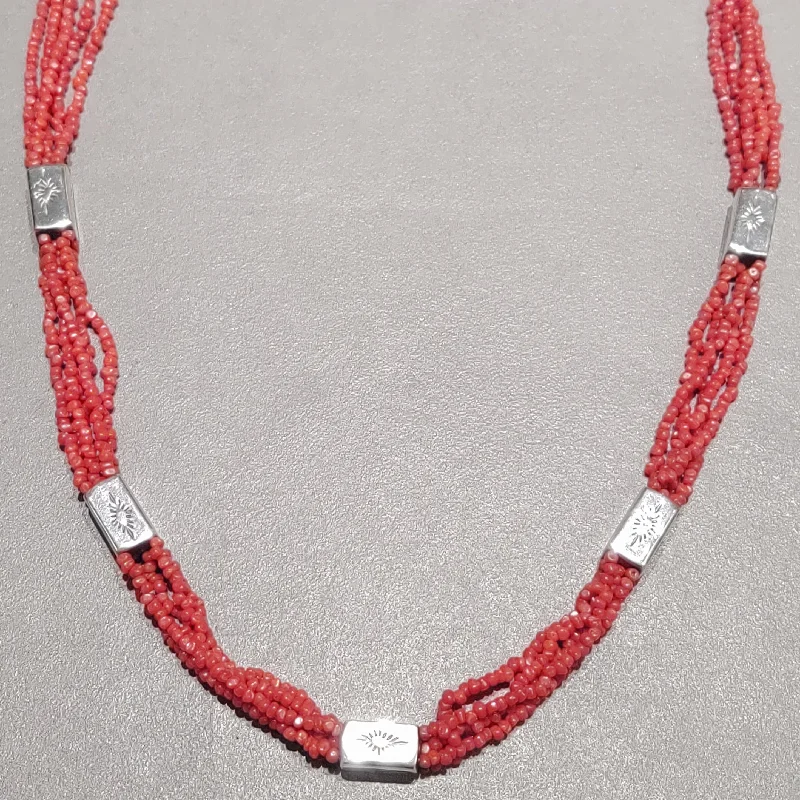 Vintage Gemstone Necklace-Coral Sterling Silver Beaded Necklace - Handmade Native American