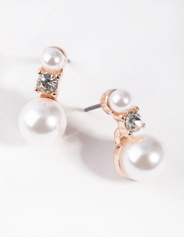 Large Crystal Drop Earrings-Rose Gold Dainty Double Pearl Earrings