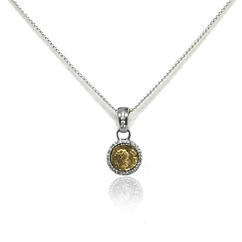 Sapphire Pendant Necklace-VINTAGE SILVER PAVIA COIN & PAVÉ FRAME NECKLACE