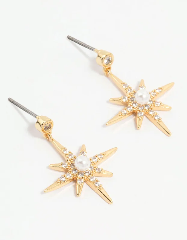 Golden Pearl Earrings-Gold Plated Diamante Pearl Star Drop Earrings