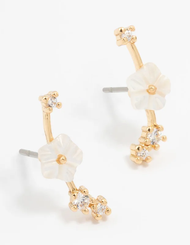 Elegant Statement Earrings-Gold Plated Flower Crawler Earrings