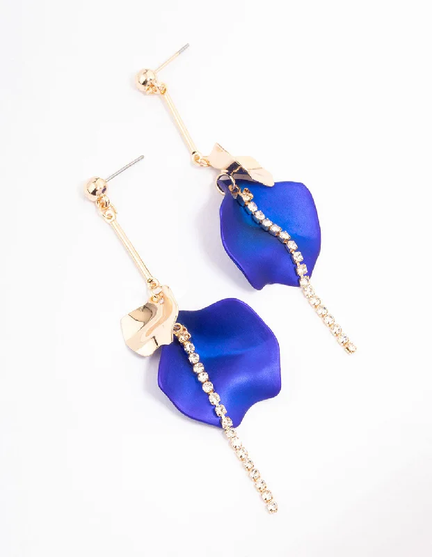 Fashionable Pearl Earrings-Blue Cup Chain & Petal Drop Earrings