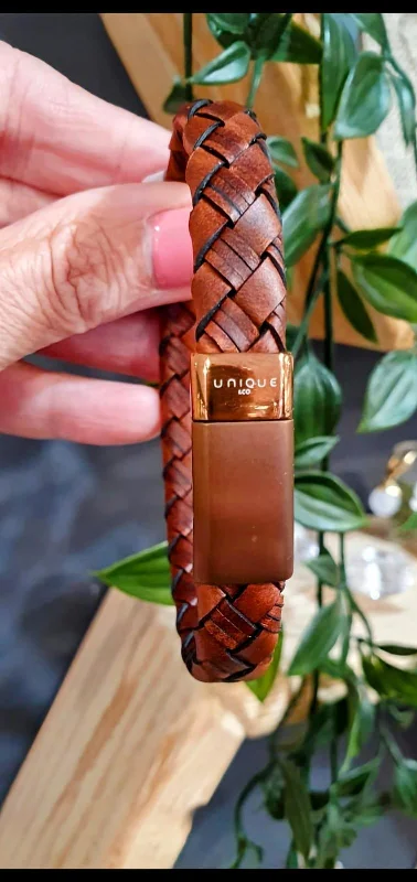 Gemstone Cuff Bracelet-Unique & Co Rose Gold and Brown Wide Leather Bracelet