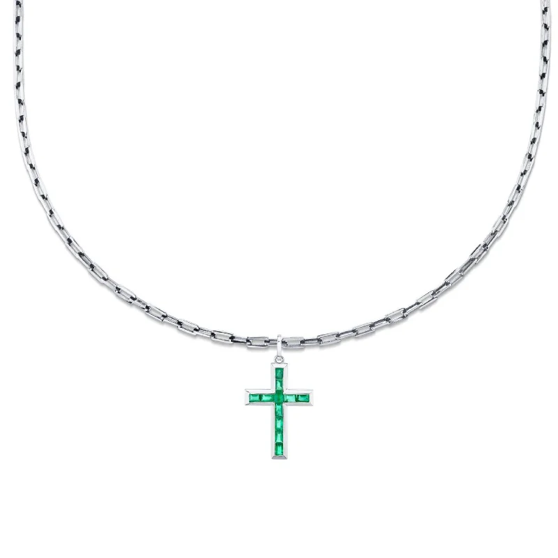 Silver Heart Pendant Necklace-EMERALD BAGUETTE CROSS PENDANT NECKLACE