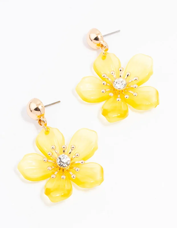 Butterfly Earrings for Girls-Yellow Gold Diamante Stapled Flower Drop Earrings