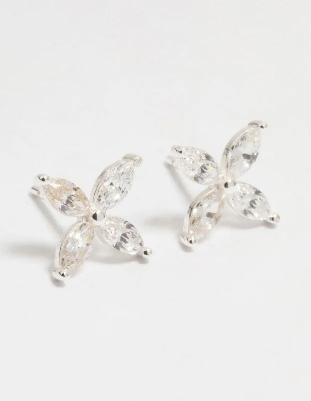 Custom Hoop Earrings-Sterling Silver Cubic Zirconia Flower Stud Earrings