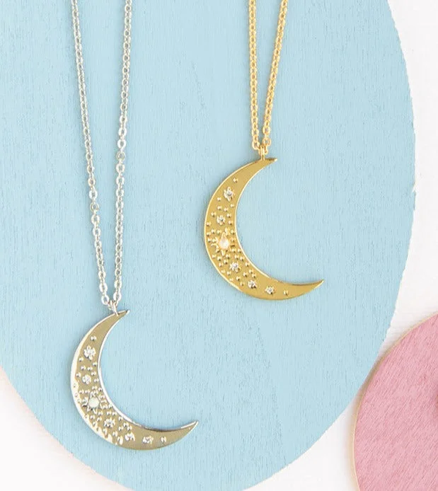 Trendy Pendant Necklace-Moon dotted with CZ and Opal Gems Charm Necklace