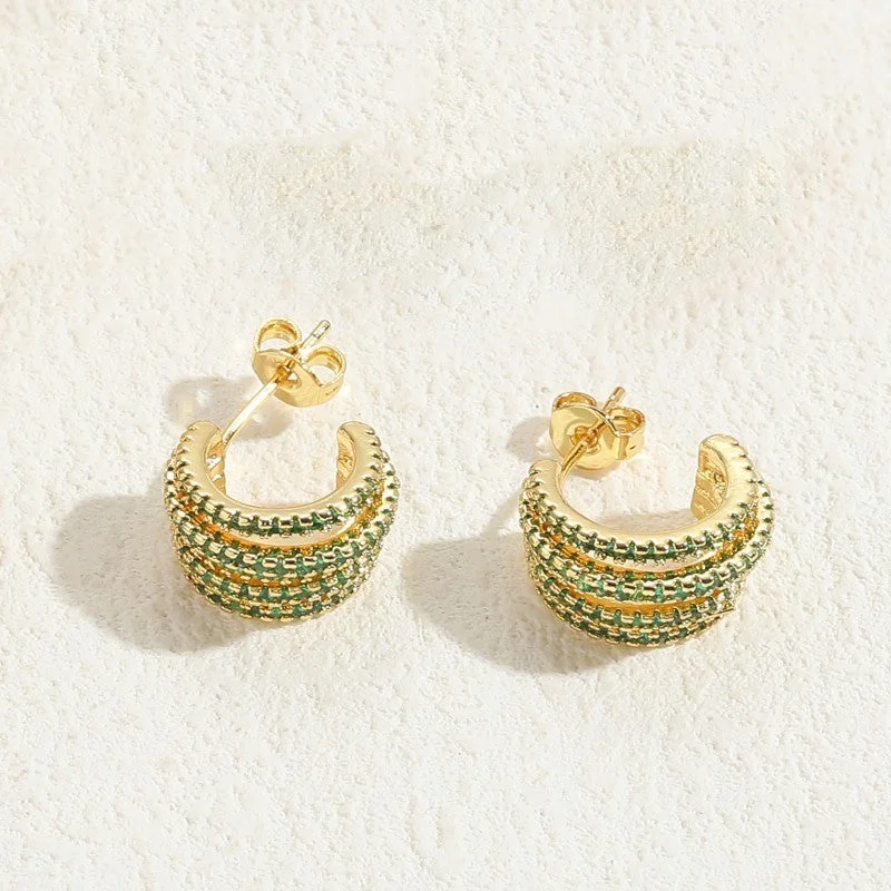 Multi-Layer C- Shaped Green Zircon Earrings