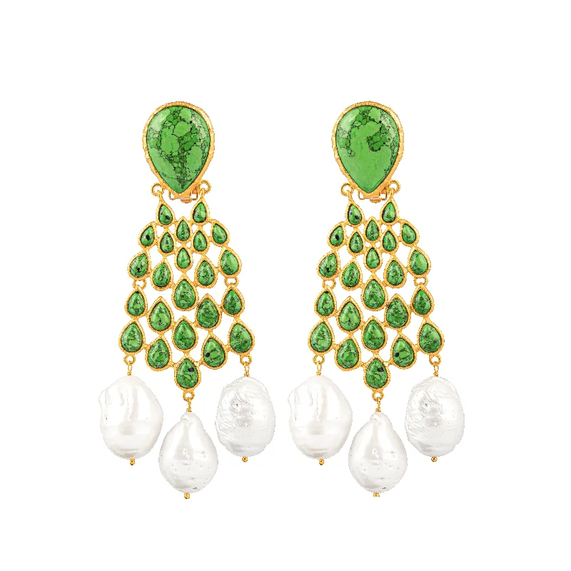 Fashionable Ear Cuffs-Euphoria Earrings Green Turquoise & Baroque Pearls