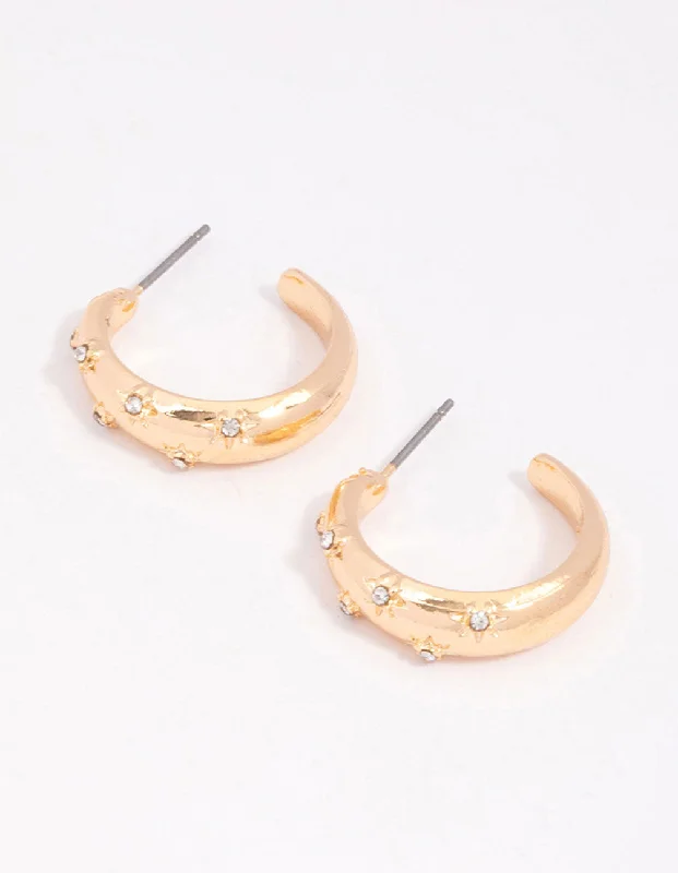 Large Hoop Drop Earrings-Gold Diamante Star Puffy Hoop Earrings