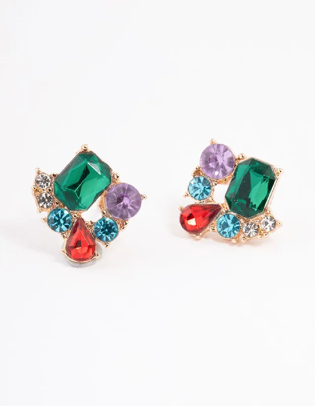 Handmade Gemstone Earrings-Gold Emerald Mixed Cluster Stud Earrings