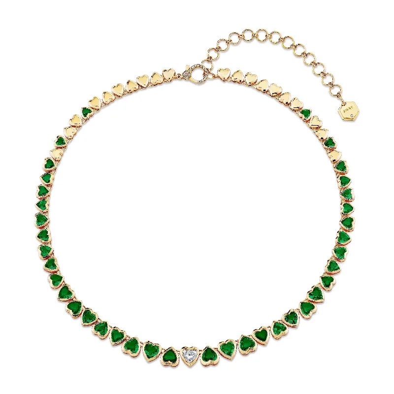 Unique Gold Necklace-READY TO SHIP EMERALD & DIAMOND HEART BEZEL TENNIS NECKLACE