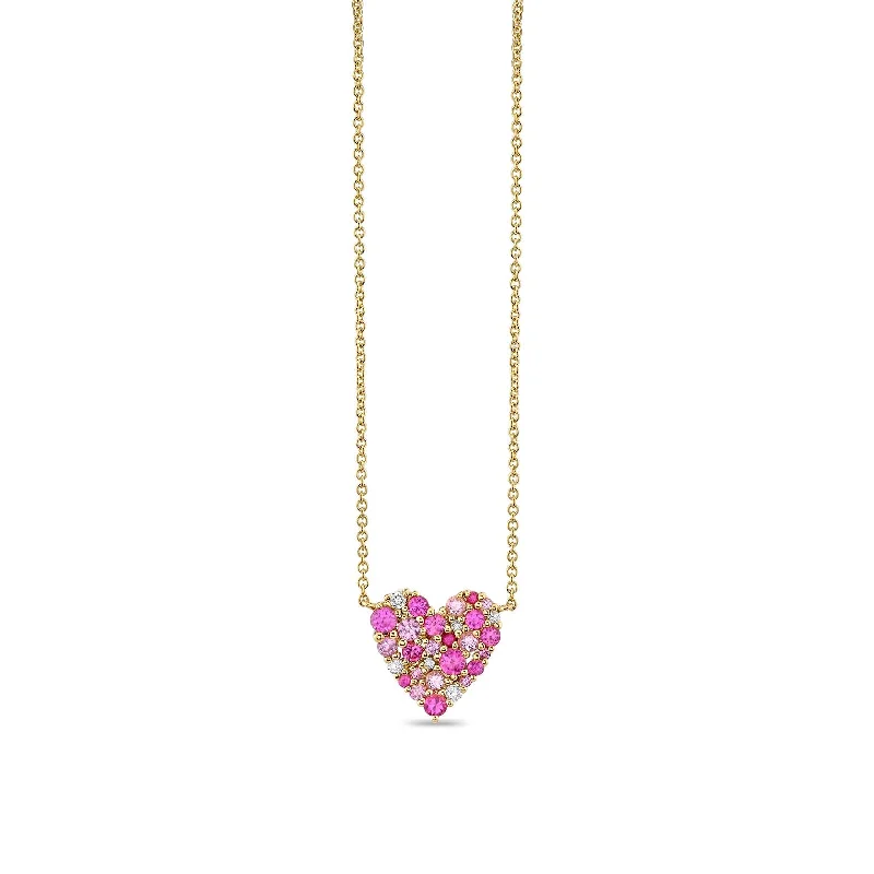 Silver Chain with Gemstone-Gold & Diamond Pink Sapphire Small Cocktail Heart Necklace