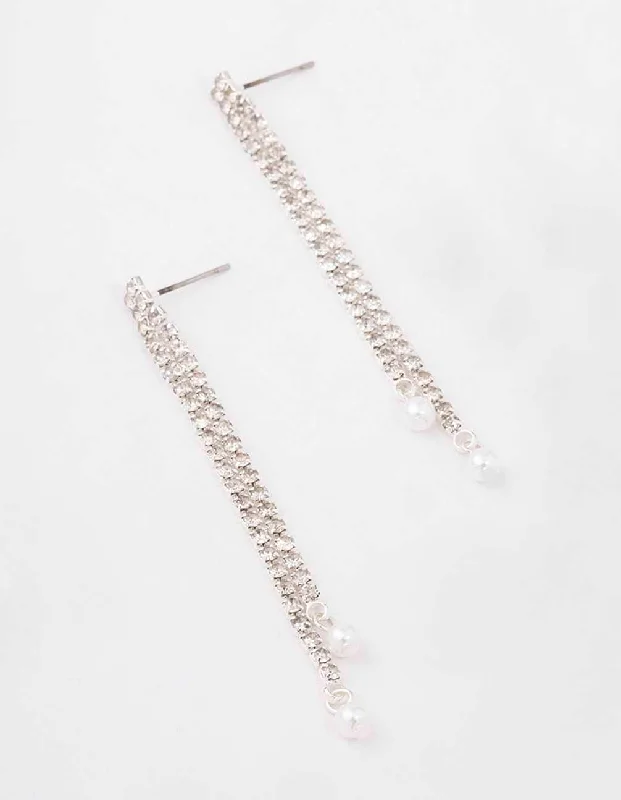 Stylish Stud Earrings-Silver Double Cup Chain Pearl Drop Earrings