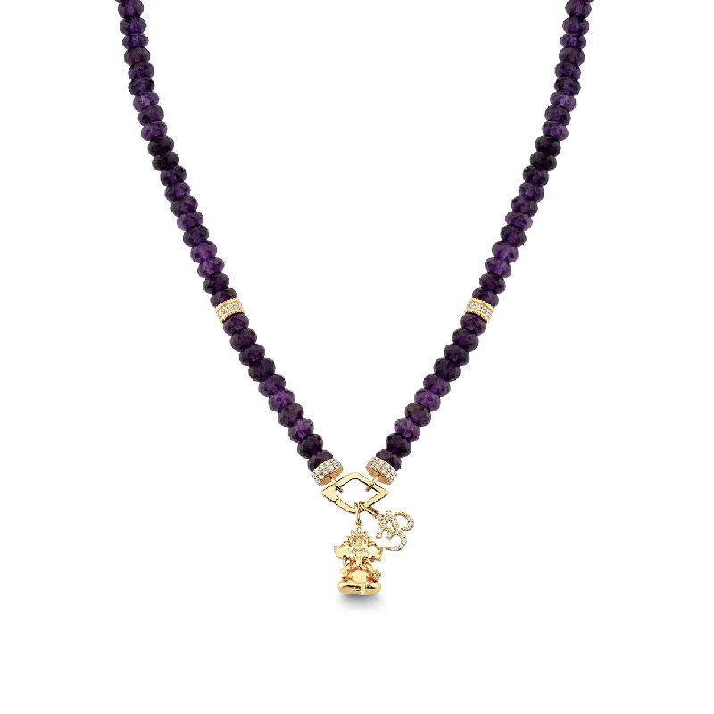 Layered Gemstone Necklace-Gold & Diamond Ganesha & Om Amethyst Beaded Necklace