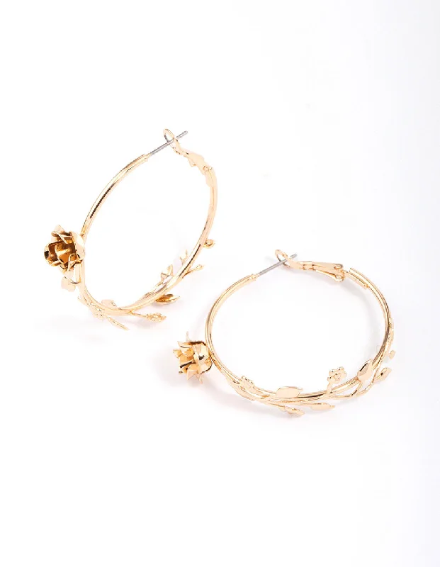 Silver Pearl Earrings-Gold Flower Vine Hoop Earrings