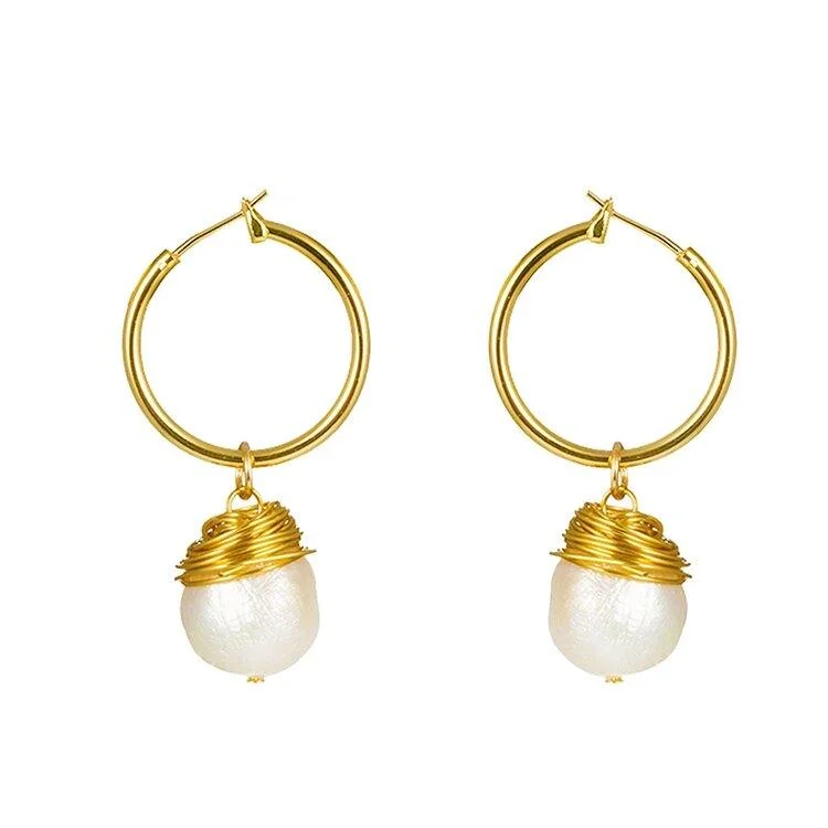 Simple Gold Earrings-Small Dangle Earrings with Drop Baroque Freshwater Pearls