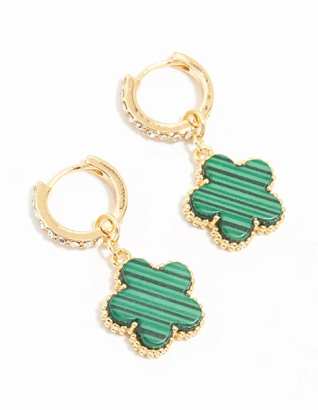 Modern Drop Earrings-Gold Plated Emerald Flower Hoop Drop Earrings