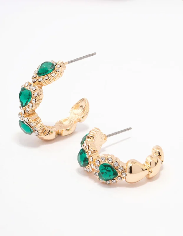 Gold Bead Earrings-Gold Emerald Heart Hoop Earrings