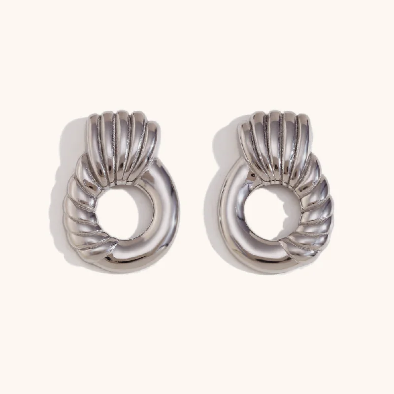 Stitching Twill Ring Handle Geometric Ear Studs-Steel Color