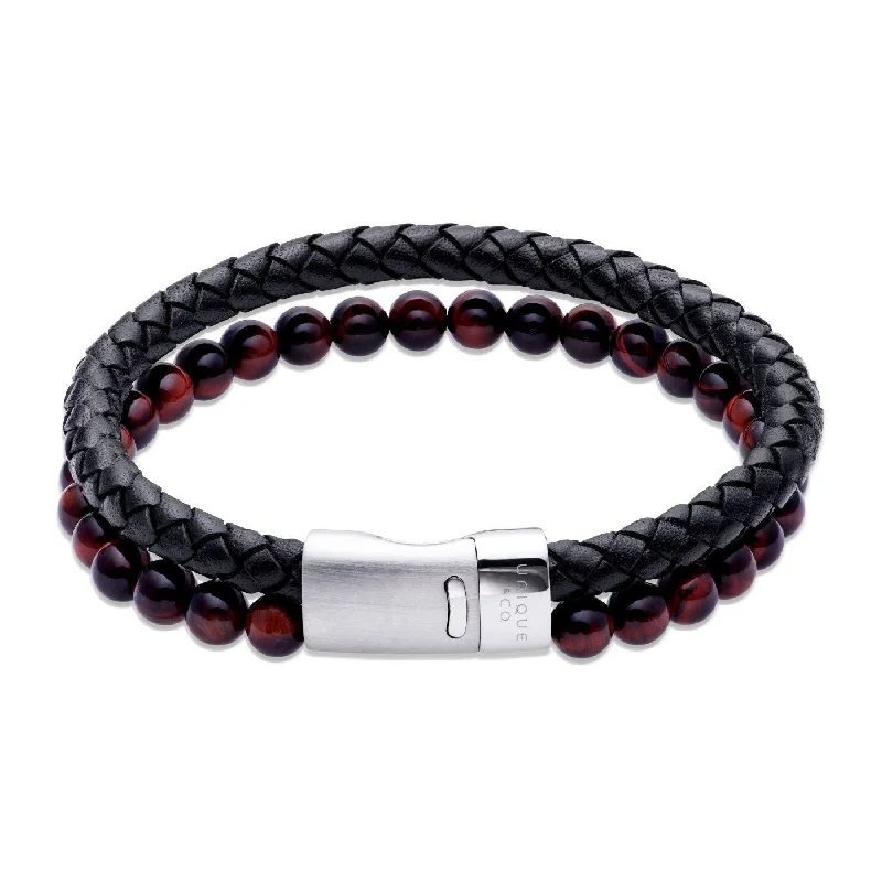 Handmade Gemstone Bracelet-Unique & Co Black Leather Bracelet With Red And Brown Beads