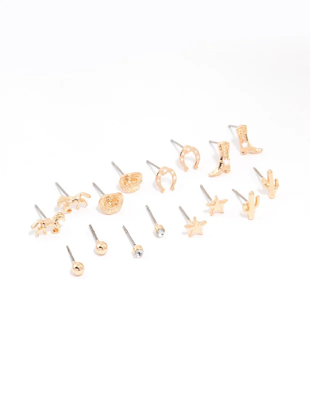 Elegant Evening Earrings-Gold Western Cowgirl Earrings 8-Pack