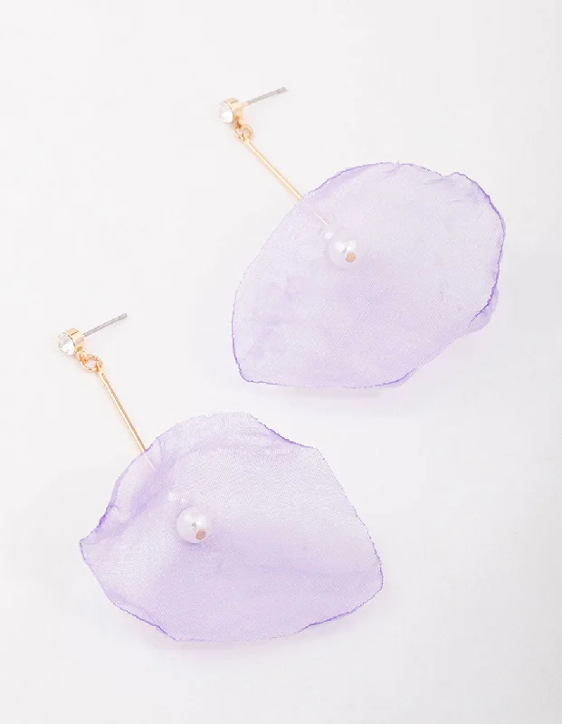 Beautiful Stud Earrings-Lilac Diamante & Pearl Fabric Flower Drop Earrings