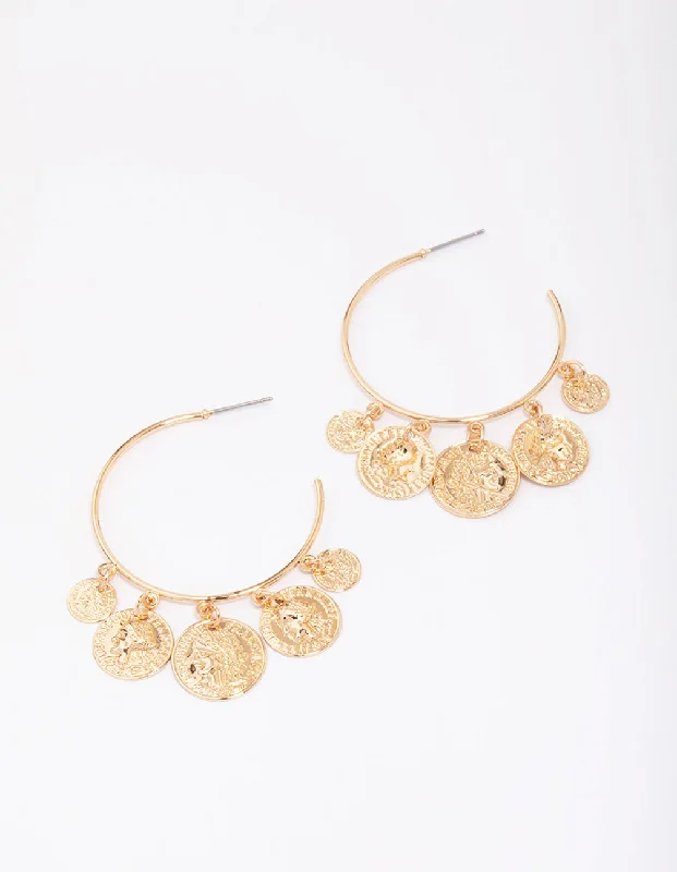 Silver Hoop Earrings-Gold Coin Droplet Hoop Earrings