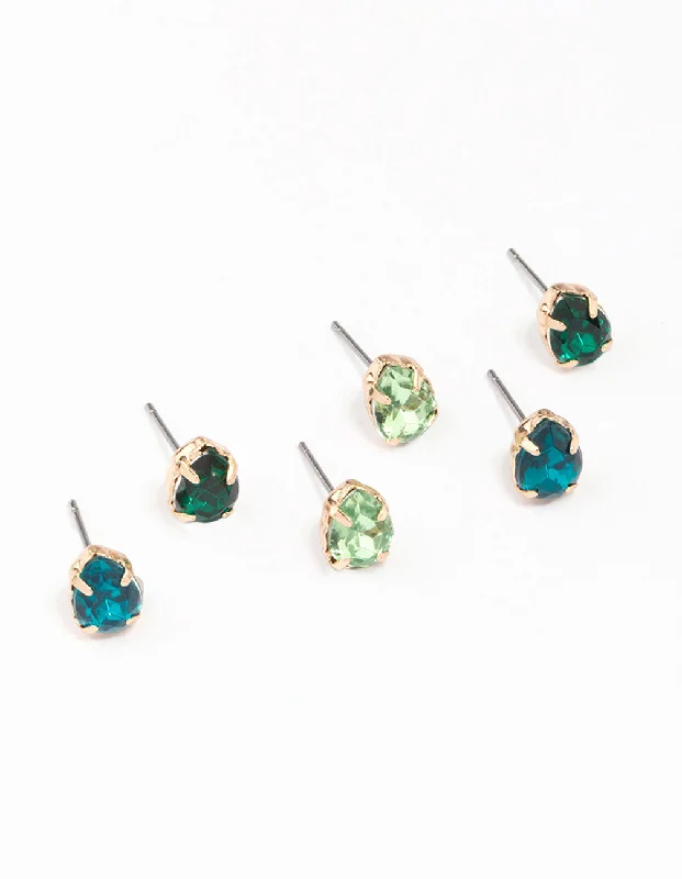 Bright Silver Earrings-Gold & Green Pear Diamante Stud Earring 3-Pack