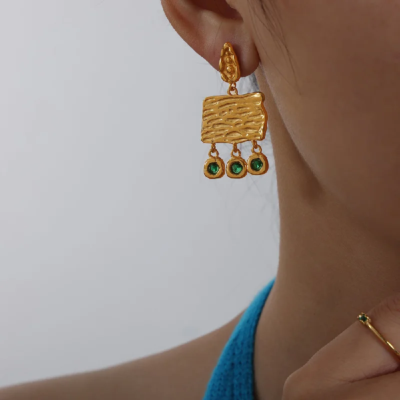 Gold Green Glass Stone Earrings