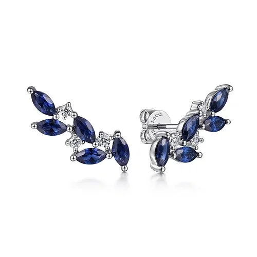 Chic Gemstone Earrings-14K White Gold Diamond and Blue Sapphire Olive Branch Climber Earrings