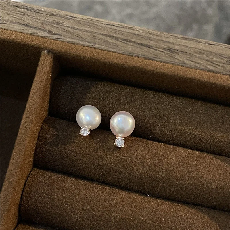 Rose Gold Pearl Rhinestone Stud Earrings