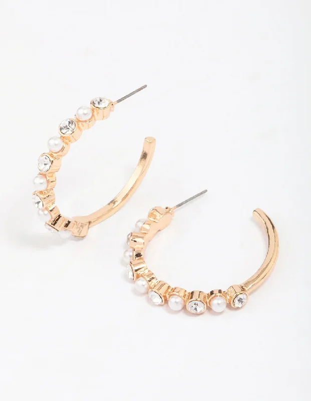 Floral Stud Earrings-Gold Pearl Diamante Encased Hoop Earrings