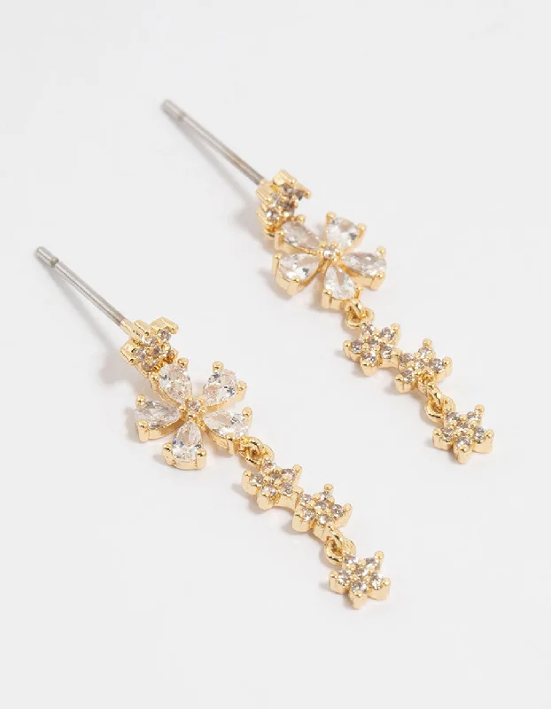 Bohemian Style Earrings-Gold Plated Cubic Zirconia Flower Drop Earrings