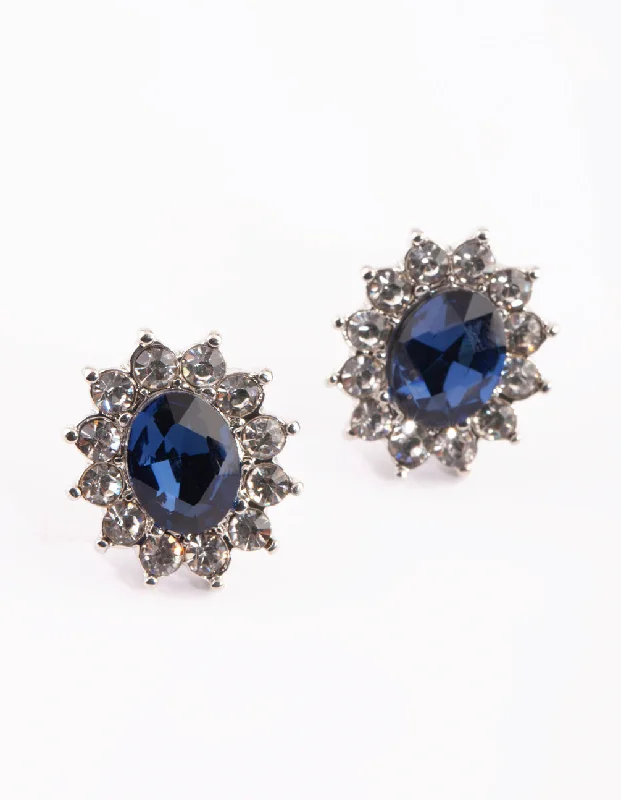 Simple Silver Earrings for Women-Blue Oval Stud Earrings