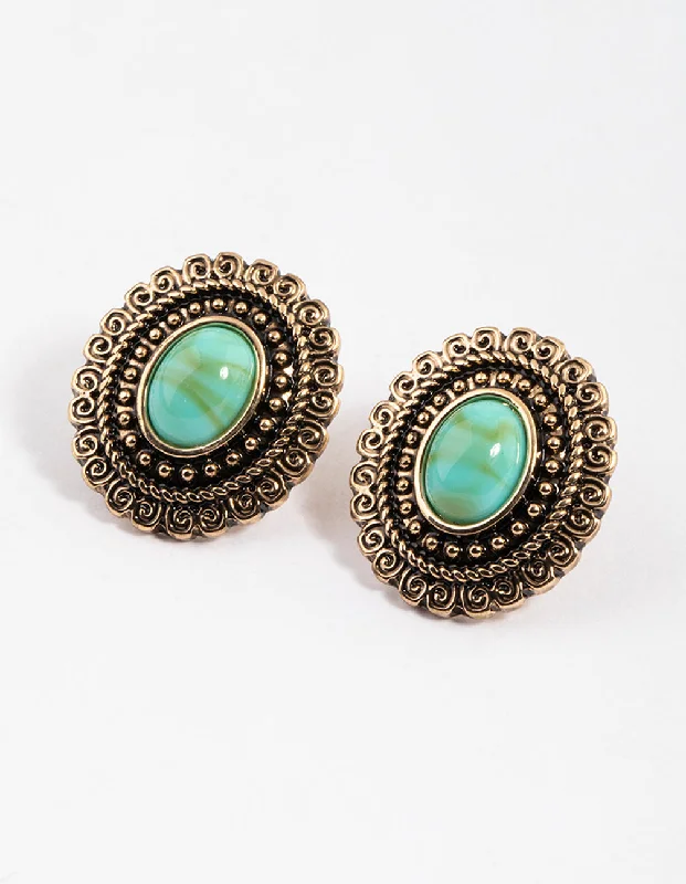 Silver Earrings with Opal-Turquoise Ornate Oval Stud Earrings