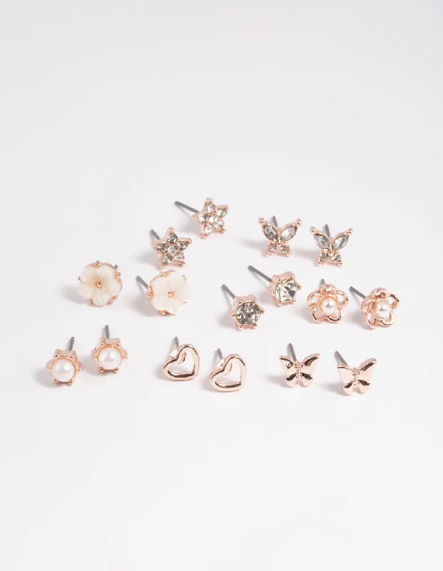 Funky Pearl Earrings-Rose Gold Pearlised Flower Stud Earring 8-Pack