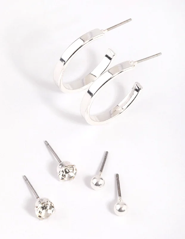 Silver Chain Earrings-Silver Plain Stud & Hoop Earring Pack