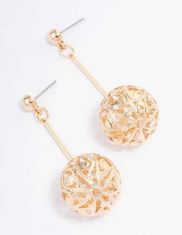 White Gold Earrings-Gold Filigree Ball Stack Drop Earrings