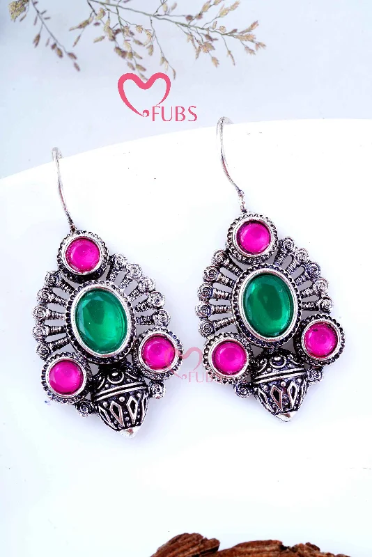 Bold Statement Earrings-Kundan Stone Oxidised Hook Earrings