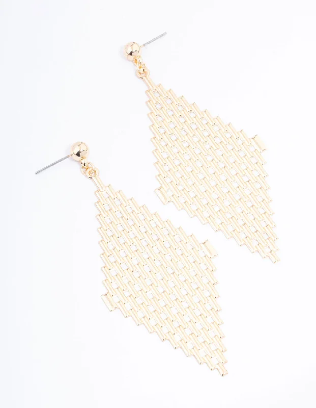 Bold Drop Earrings-Gold Mesh Link Diamond Drop Earrings