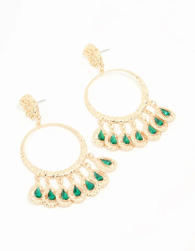 Gold Dangle Earrings-Gold Green Circle Drop Earrings