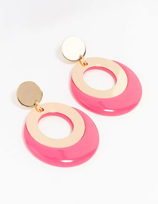 Textured Hoop Earrings-Pink Gold Acrylic Disc & Circle Drop Earrings