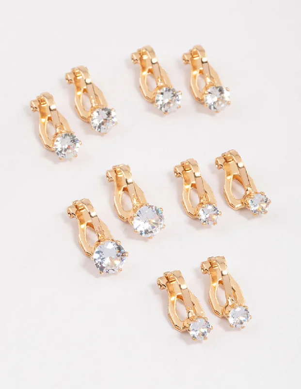 Pearl Stud Earrings for Weddings-Gold Graduating Diamante Clip On Earrings 5-Pack