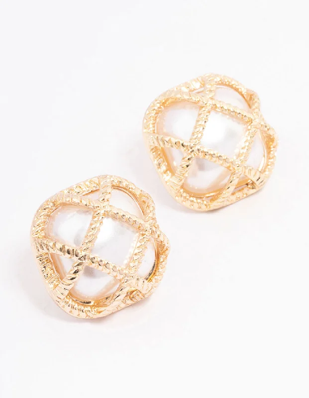 Crystal Stud Earrings-Gold Caged Pearl Stud Earrings