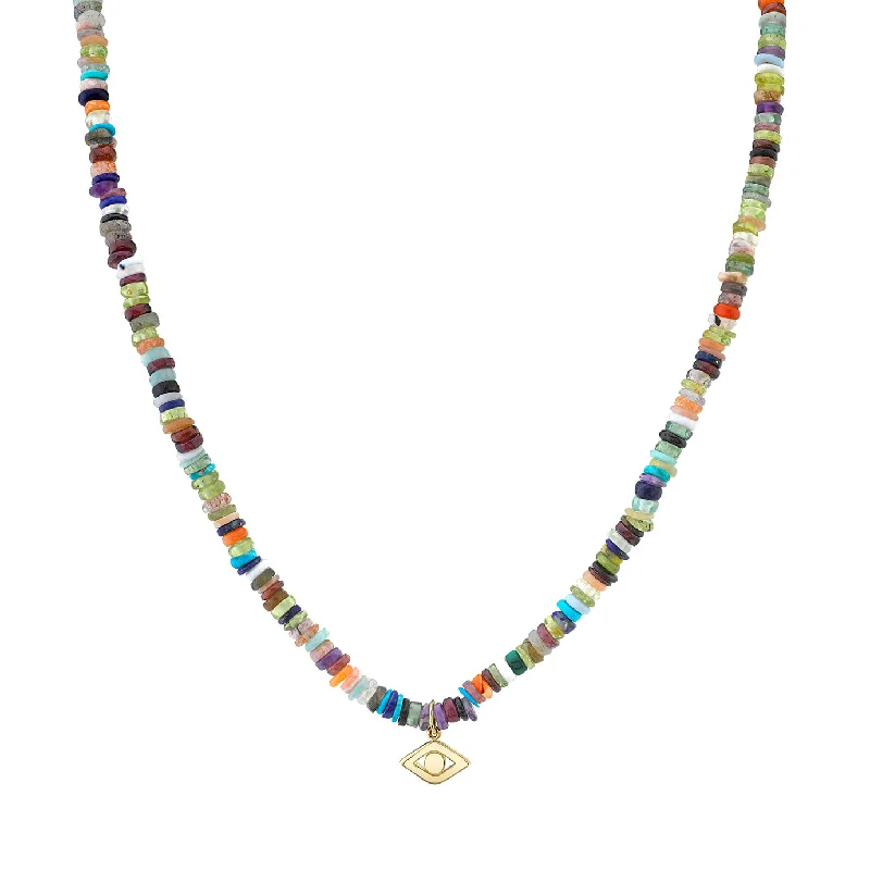 Simple Bar Necklace for Women-Pure Gold Eye on Rainbow Heishi Necklace