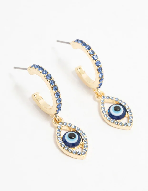 Chandelier Earrings for Weddings-Gold Plated Diamante Evil Eye Drop Earrings