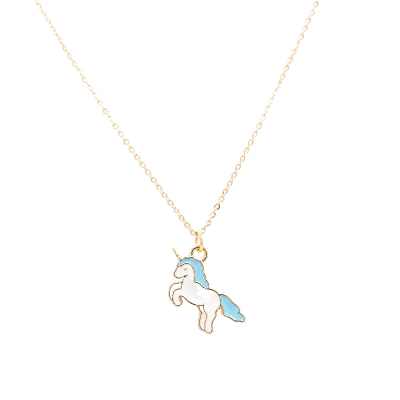 Simple Opal Necklace-Blue Hair Unicorn Enamel Charm Children's Necklace